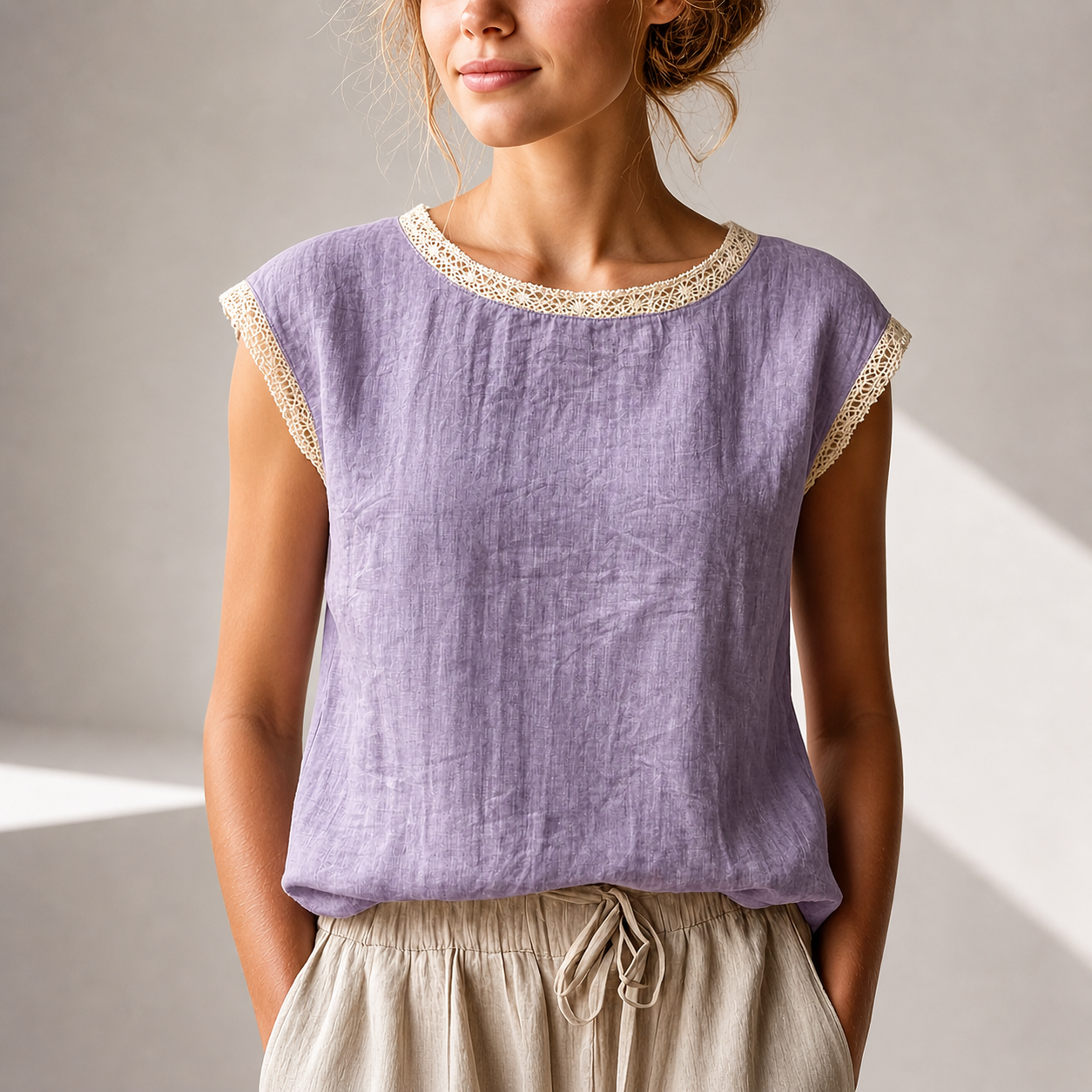 Damebluse med blonderkant og behagelig pasform – elegant casual stil