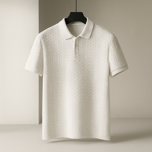 Men's Polo Shirt with Textured Herringbone Pattern Short Sleeve