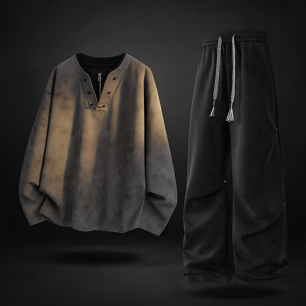 Men's Oversized Loungewear Set with Zip Top and Wide-Leg Trousers