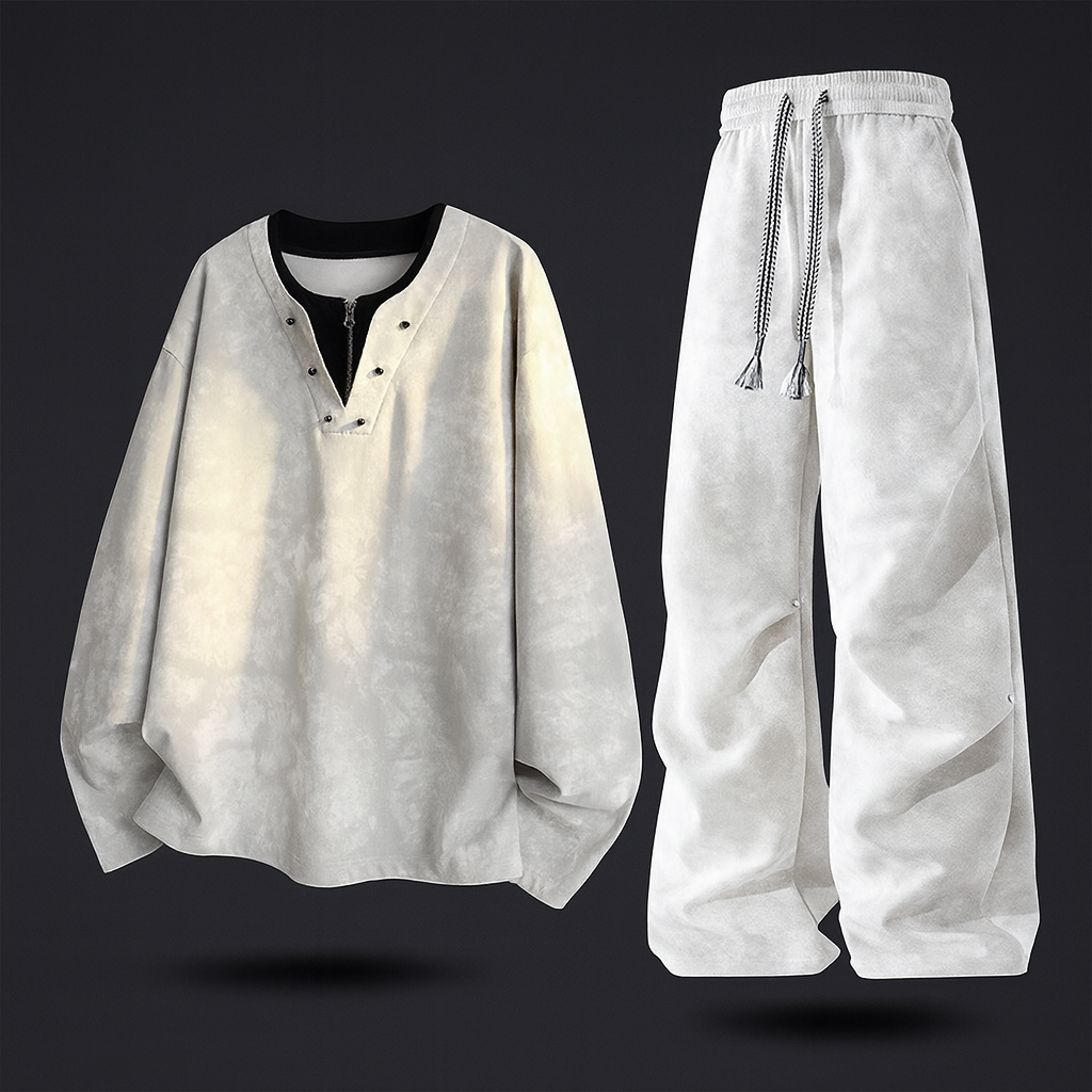 Men's Oversized Loungewear Set with Zip Top and Wide-Leg Trousers