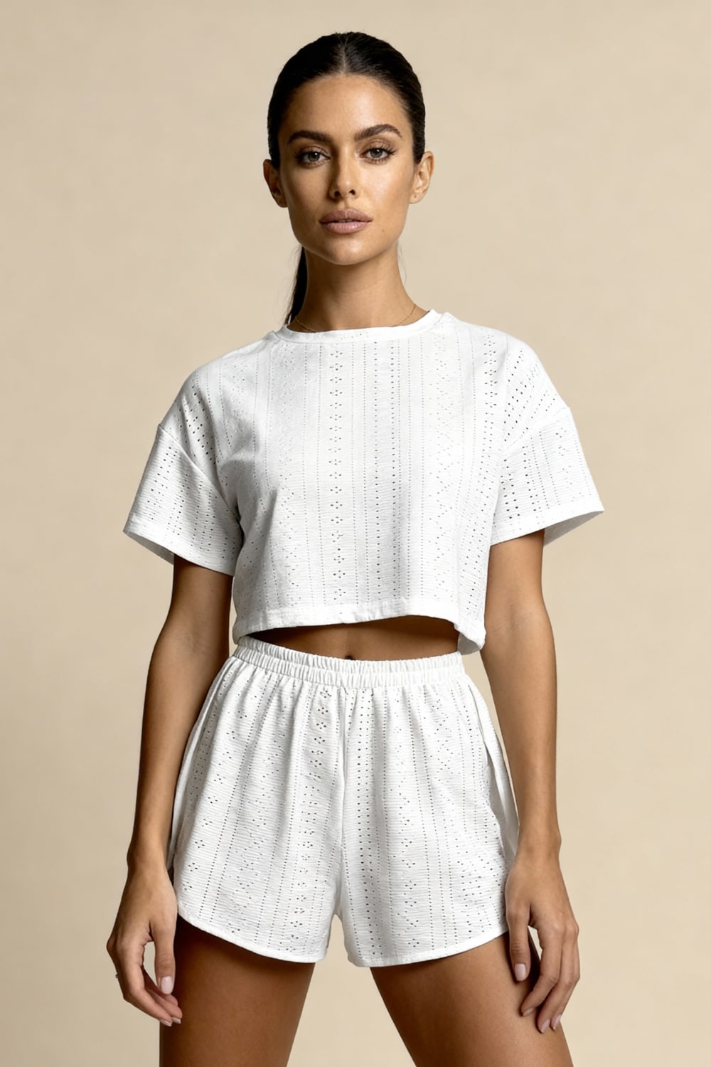 Women's Summer Pajamas Broderie Anglaise – Crop Top and Shorts