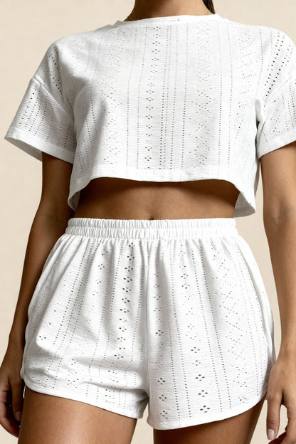 Women's Summer Pajamas Broderie Anglaise – Crop Top and Shorts