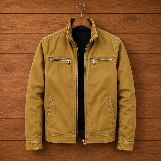 Men's Vintage Utility Jacket with a Stand-Up Collar, Four Front Pockets, and Zip Closure.