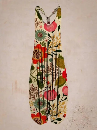 Tuta estiva floreale donna, motivo fiori colorati, sfondo beige, abbigliamento casual, moda estiva, stile boho chic, abito leggero.
