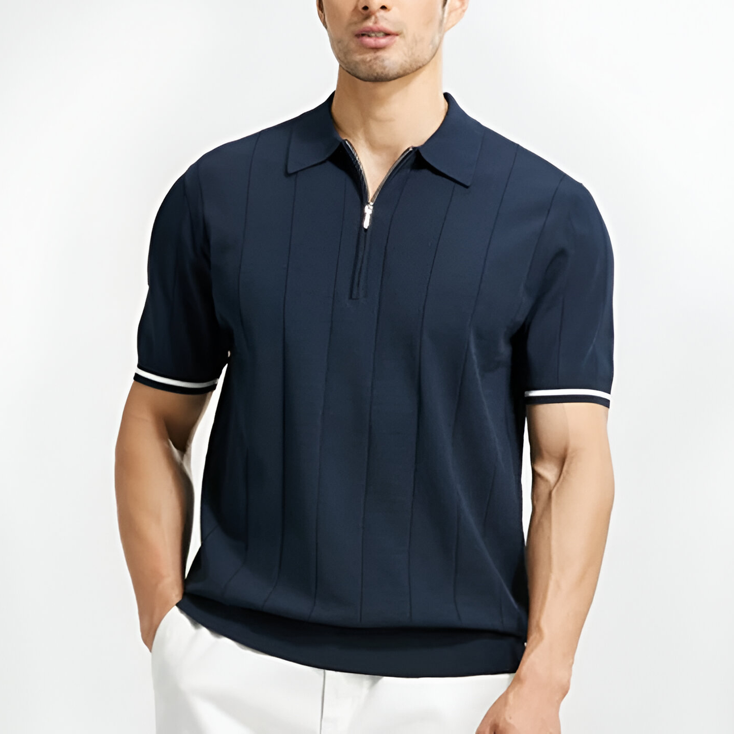 Polo da Uomo con Mezza Zip, Struttura a Righe Testurizzate, Regular Fit