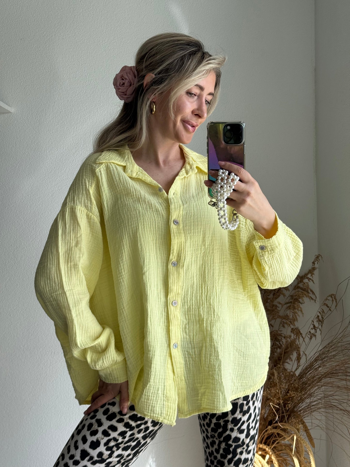 Women's Mussola Oversized Blouse, Loose Fit, Pastel Yellow