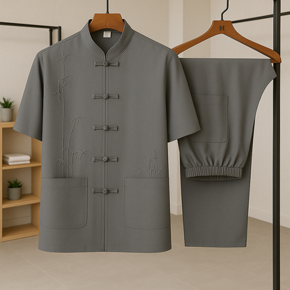 Men's Traditional Summer Set with Bamboo Embroidery and Knotted Closure