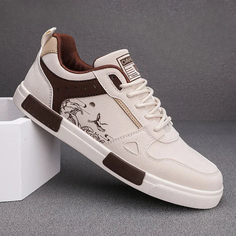 Men's Sneakers Cream and Brown with Wave Graphics and Padded Insole