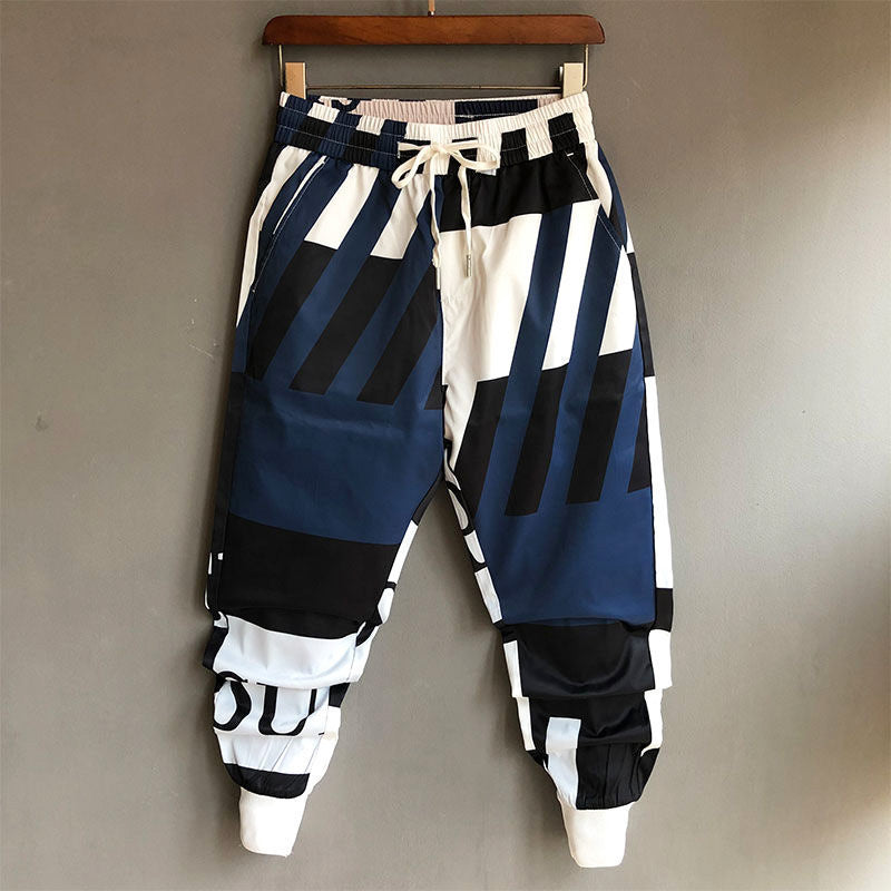 Men's Graffiti Print Pants with Elastic Waist and Ribbed Cuffs – Streetwear Style