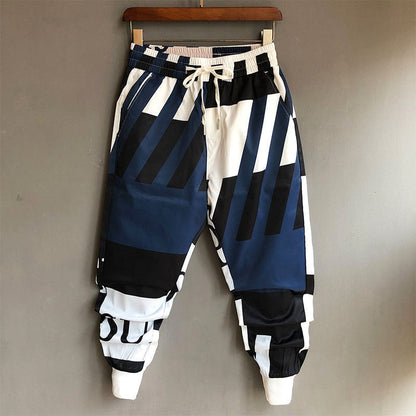 Men's Graffiti Print Pants with Elastic Waist and Ribbed Cuffs – Streetwear Style