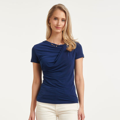 Top Donna Elasticizzato con Scollo Asimmetrico Drappeggiato e Maniche Corte – Stile Elegante