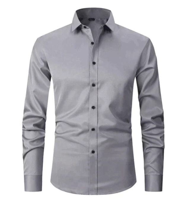 Camicia elegante grigia da uomo a maniche lunghe, bottoni neri, colletto classico. Ideale per abbigliamento formale e casual.