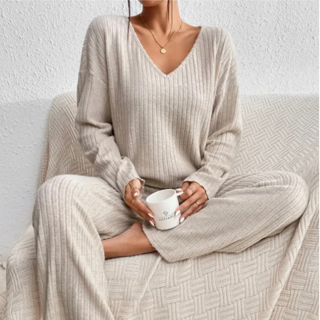 Women's Loungewear Set with V-Neck Sweater and Straight-Leg Pants
