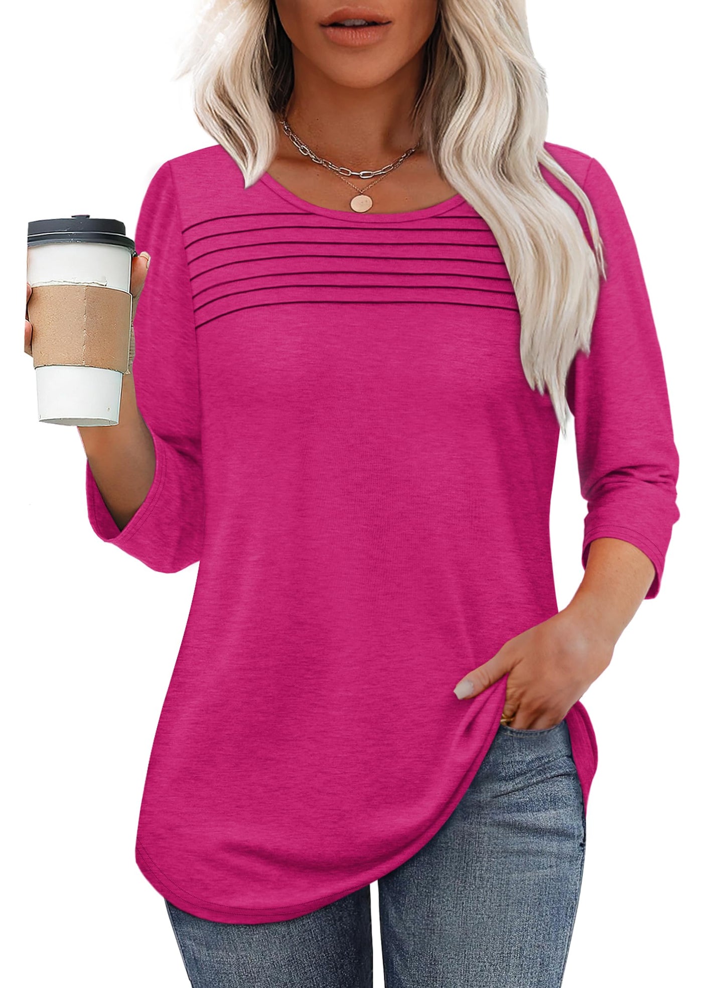 Maglia Donna Manica 3/4 Pieghe Davanti Scollo Arrotondato Orlo Curvo