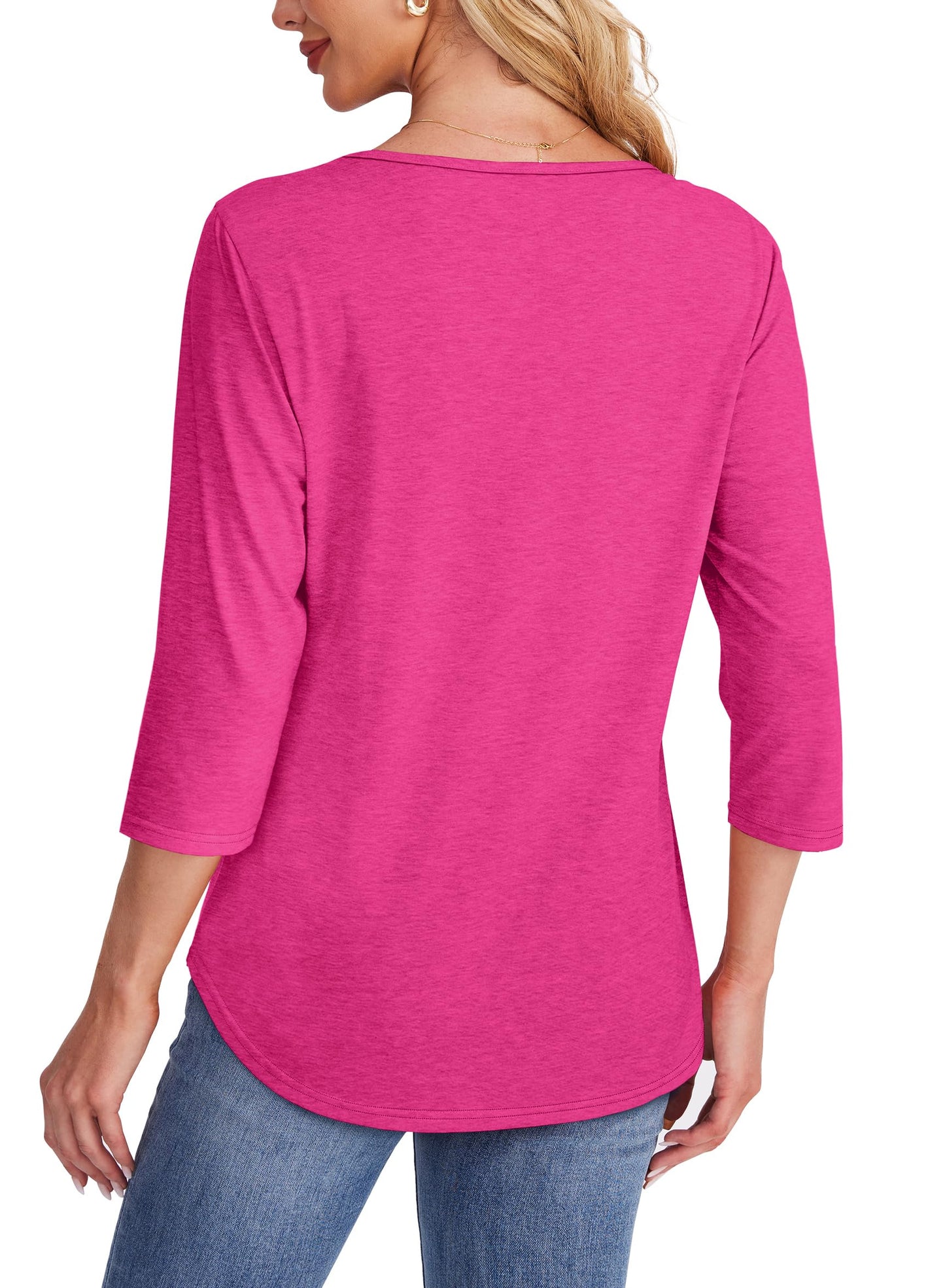 Maglia Donna Manica 3/4 Pieghe Davanti Scollo Arrotondato Orlo Curvo