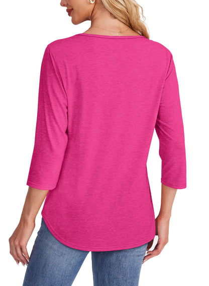 Maglia Donna Manica 3/4 Pieghe Davanti Scollo Arrotondato Orlo Curvo