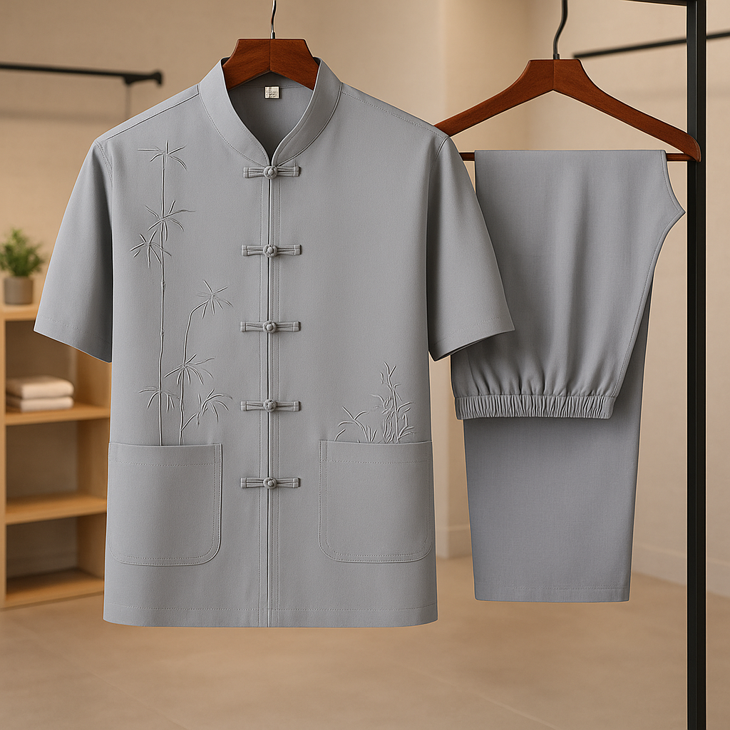 Men's Traditional Summer Set with Bamboo Embroidery and Knotted Closure