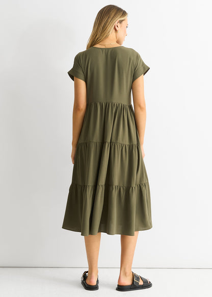 Women's Midi Dress with V-Neck and Pockets