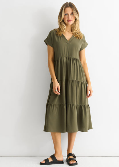 Women's Midi Dress with V-Neck and Pockets