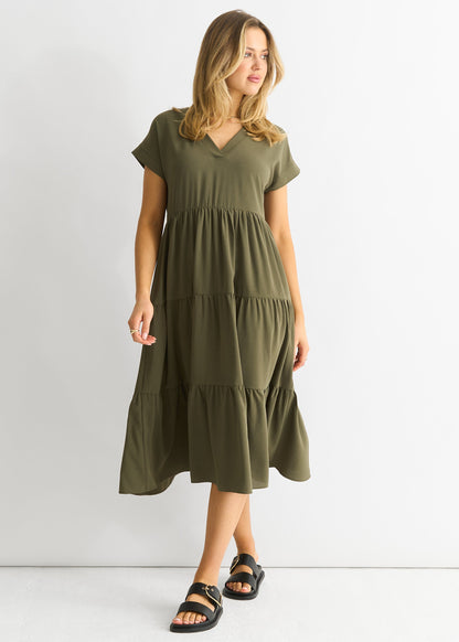 Women's Midi Dress with V-Neck and Pockets