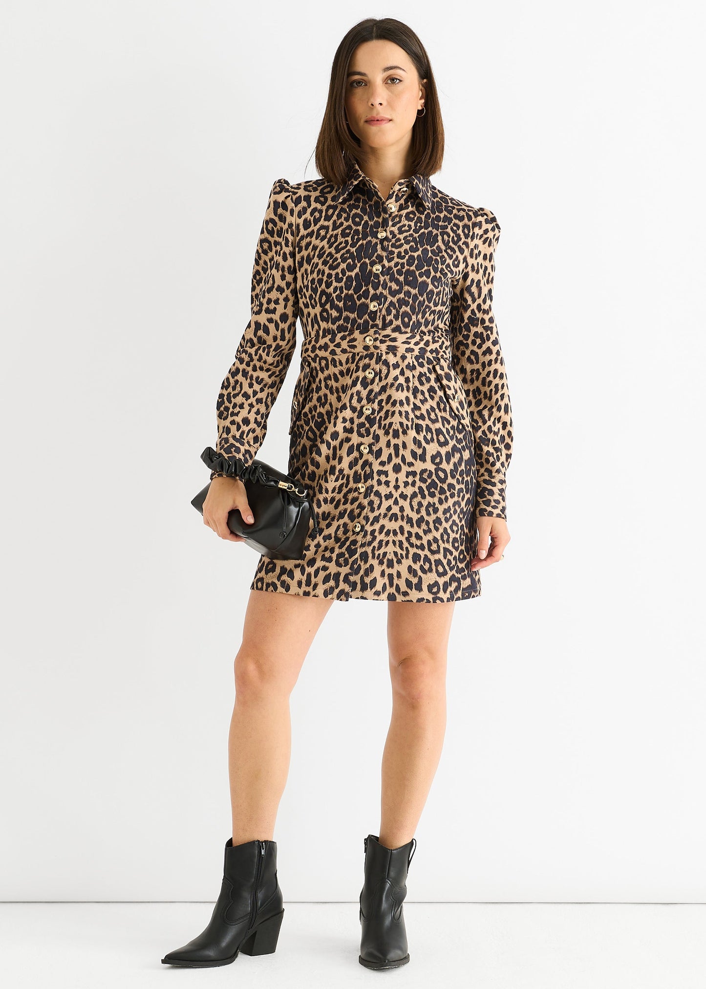 Vestito Mini da Donna Marrone con Stampa Animalier Stile Militare