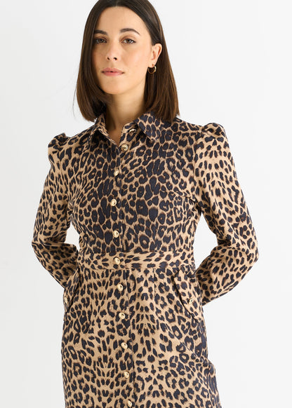 Vestito Mini da Donna Marrone con Stampa Animalier Stile Militare