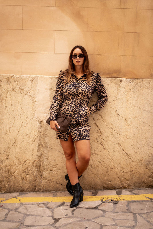 Vestido mini para mujer marrón con estampado animal estilo militar