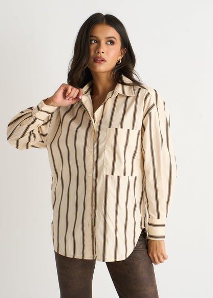 Camicia da Donna con Bottoni e Motivo a Righe Color Crema