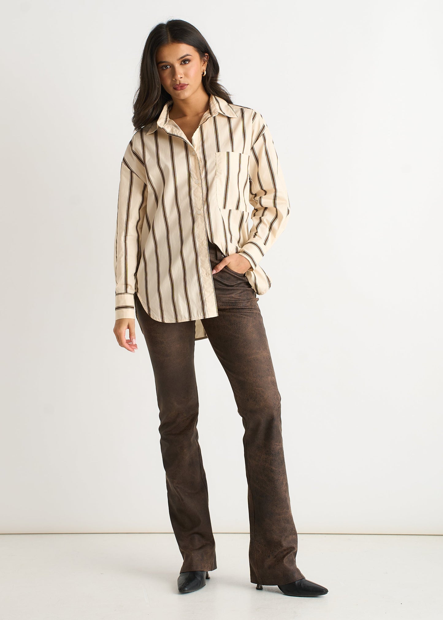Camicia da Donna con Bottoni e Motivo a Righe Color Crema