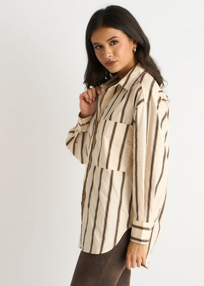 Camicia da Donna con Bottoni e Motivo a Righe Color Crema