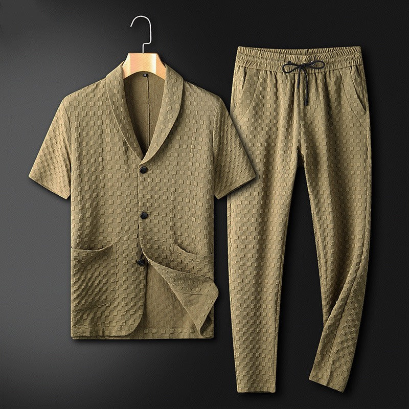 Men's Loungewear Set with Mandarin Collar, Button-Up Shirt, Wide-Fit Pants with Pockets