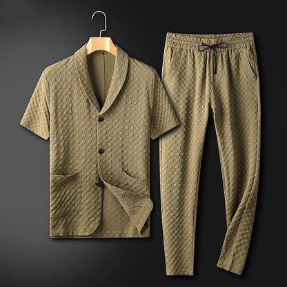 Men's Loungewear Set with Mandarin Collar, Button-Up Shirt, Wide-Fit Pants with Pockets