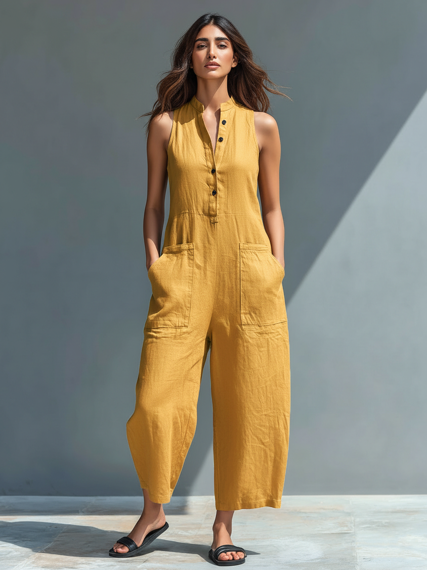 Women's Sleeveless Jumpsuit with Mandarin Collar and Front Buttons – Comfortable Fit