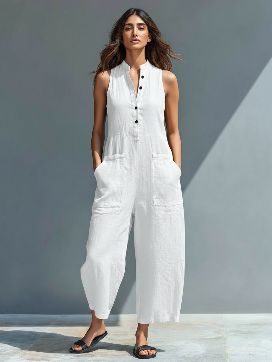 Women's Sleeveless Jumpsuit with Mandarin Collar and Front Buttons – Comfortable Fit