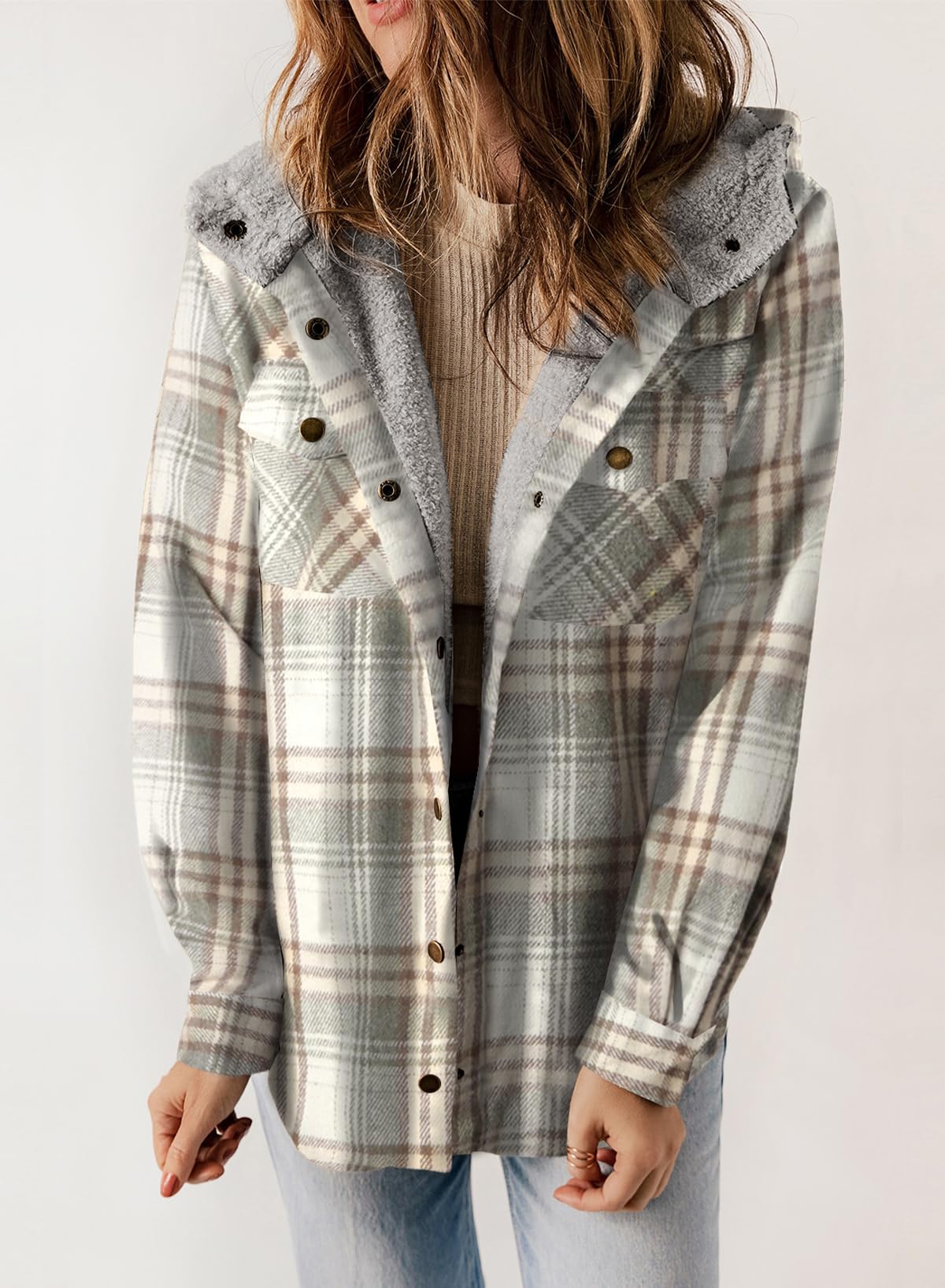 Women's Autumn Plaid Jacket with Hood and Fleece Lining – Long Sleeves with Pockets