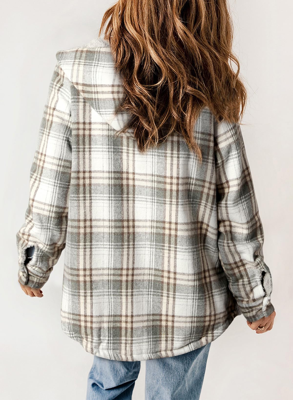 Women's Autumn Plaid Jacket with Hood and Fleece Lining – Long Sleeves with Pockets