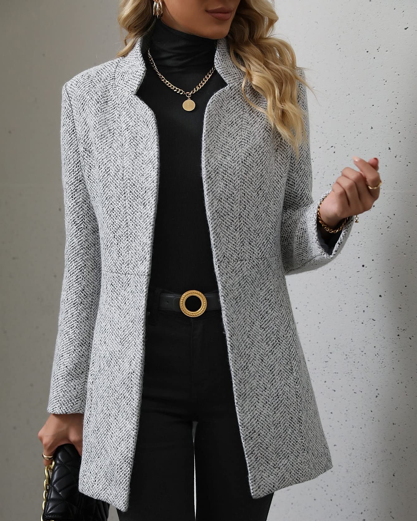 Women's Slim Long Sleeve Jacket with Mandarin Collar and Open Front Pockets