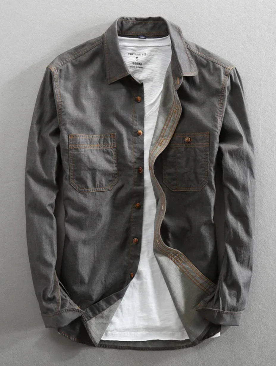 Camicia Uomo Denim Slim Fit Maniche Lunghe Tasche