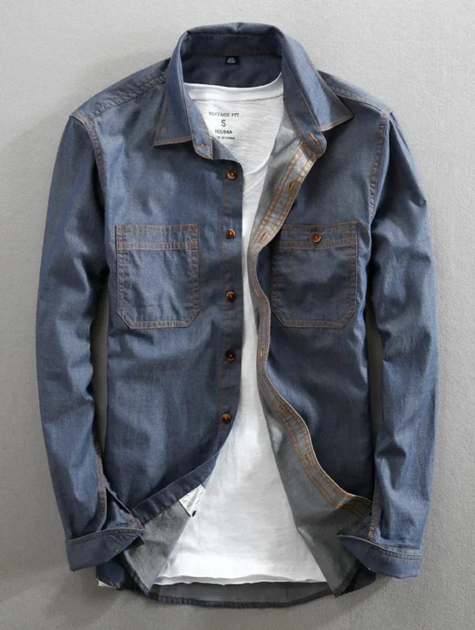 Camicia Uomo Denim Slim Fit Maniche Lunghe Tasche