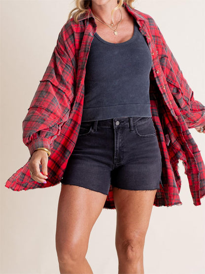 Dame Skjorte Ternet Knapper Mineralvask Lang Oversize Lomme