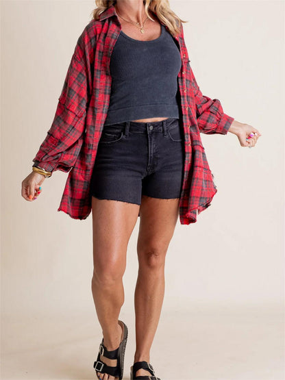 Dame Skjorte Ternet Knapper Mineralvask Lang Oversize Lomme