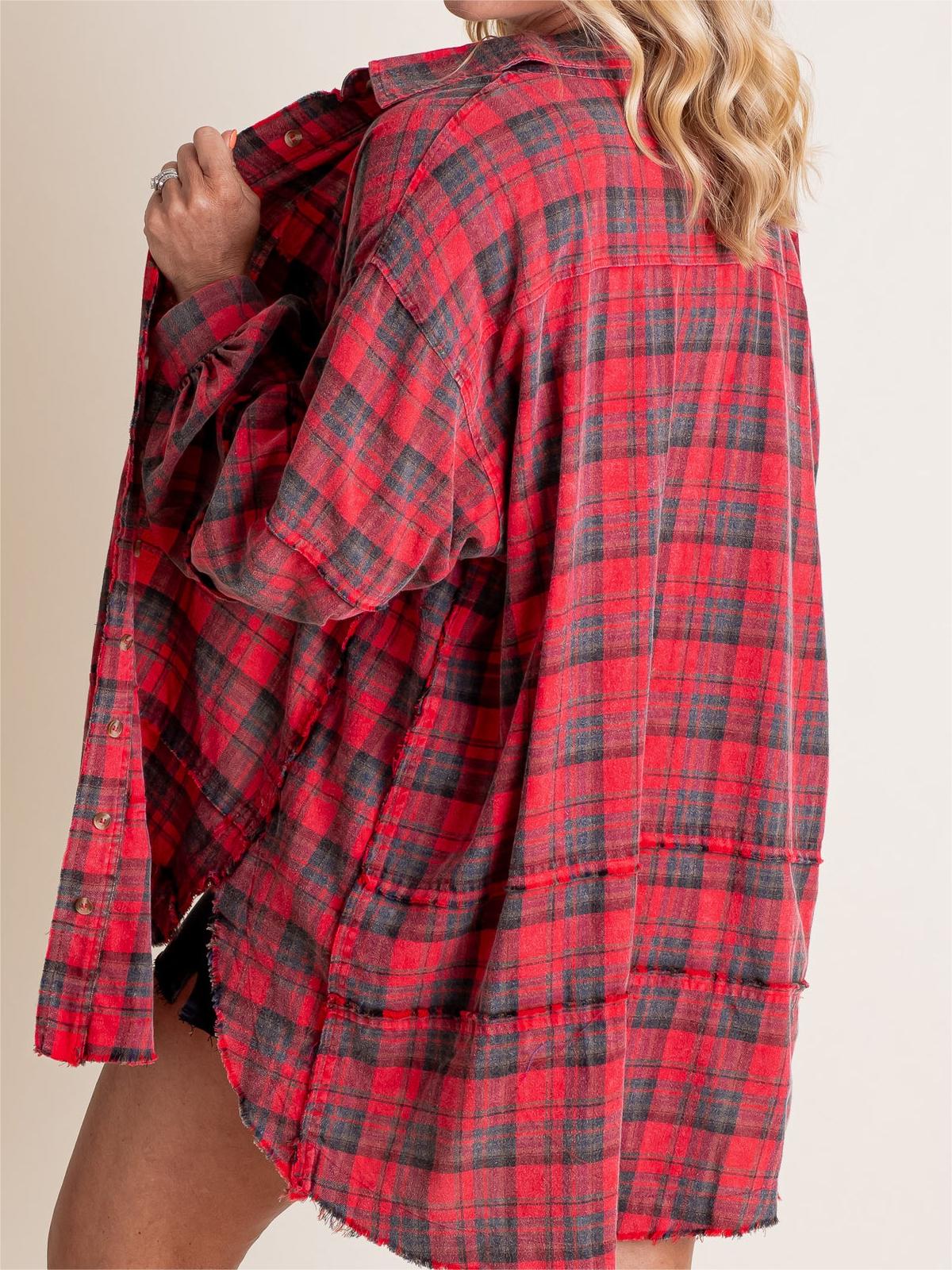 Dame Skjorte Ternet Knapper Mineralvask Lang Oversize Lomme