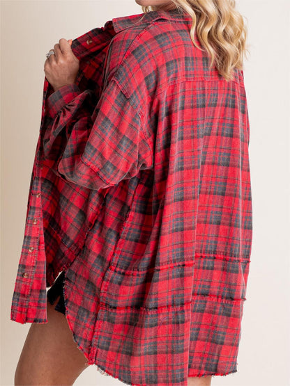 Dame Skjorte Ternet Knapper Mineralvask Lang Oversize Lomme