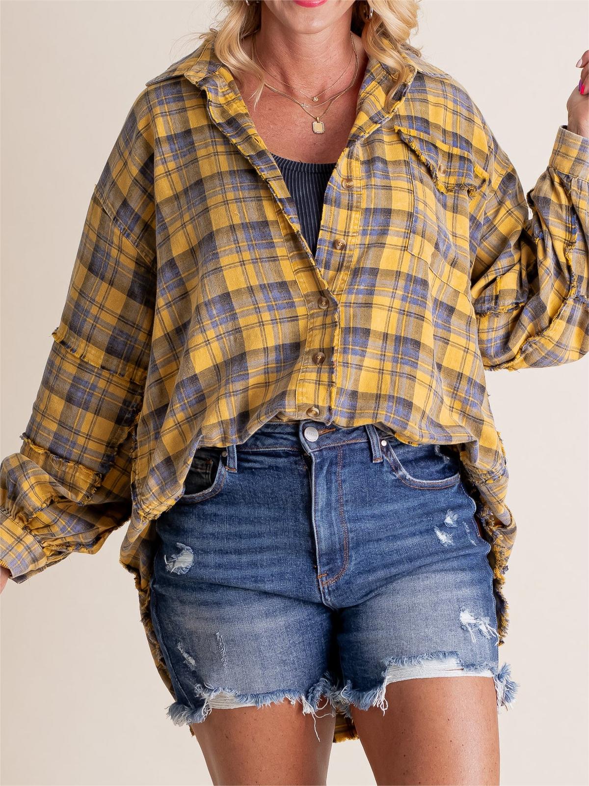 Dame Skjorte Ternet Knapper Mineralvask Lang Oversize Lomme