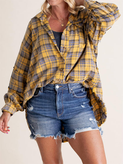 Dame Skjorte Ternet Knapper Mineralvask Lang Oversize Lomme