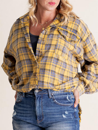 Dame Skjorte Ternet Knapper Mineralvask Lang Oversize Lomme