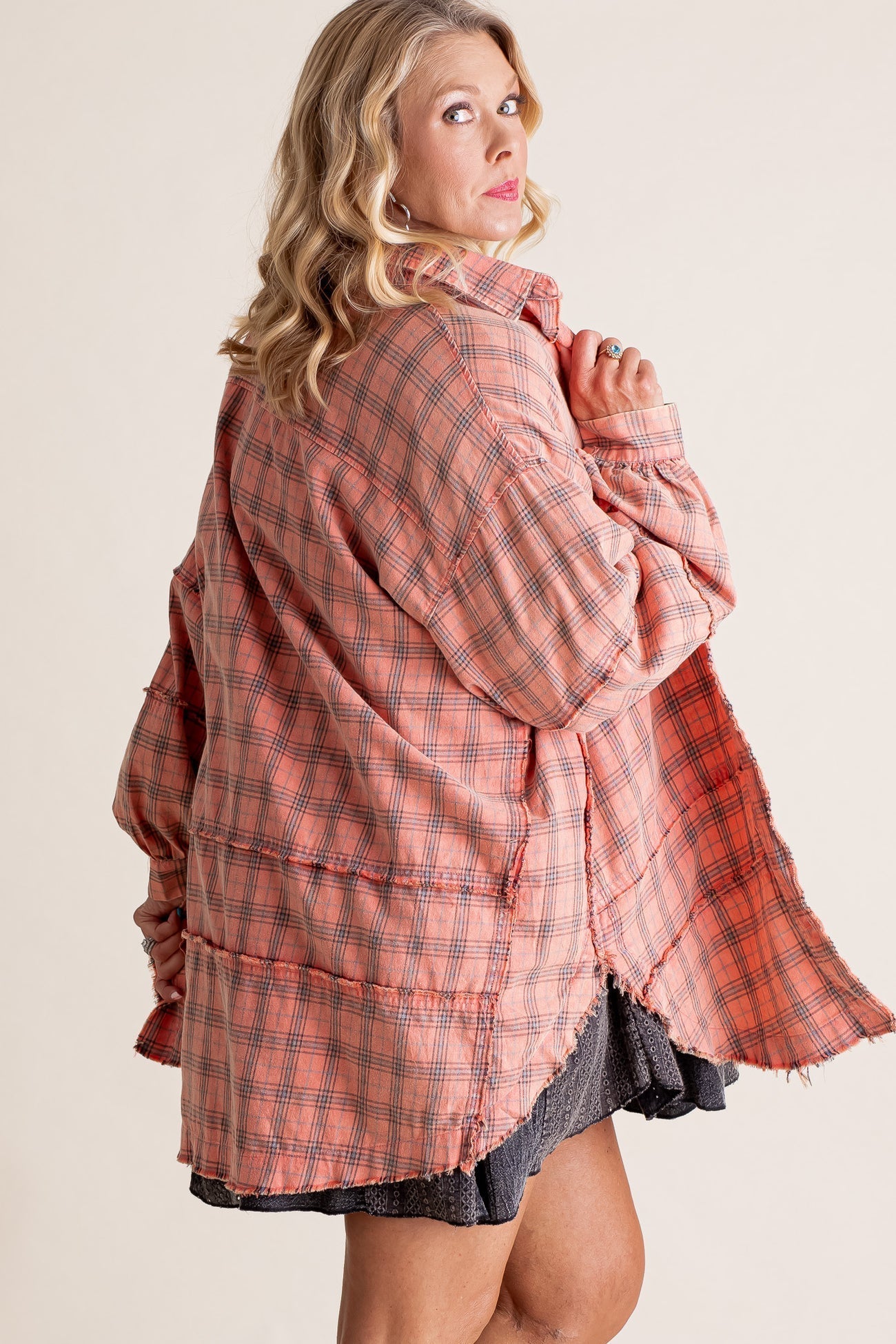 Dame Skjorte Ternet Knapper Mineralvask Lang Oversize Lomme