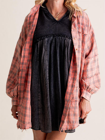 Dame Skjorte Ternet Knapper Mineralvask Lang Oversize Lomme