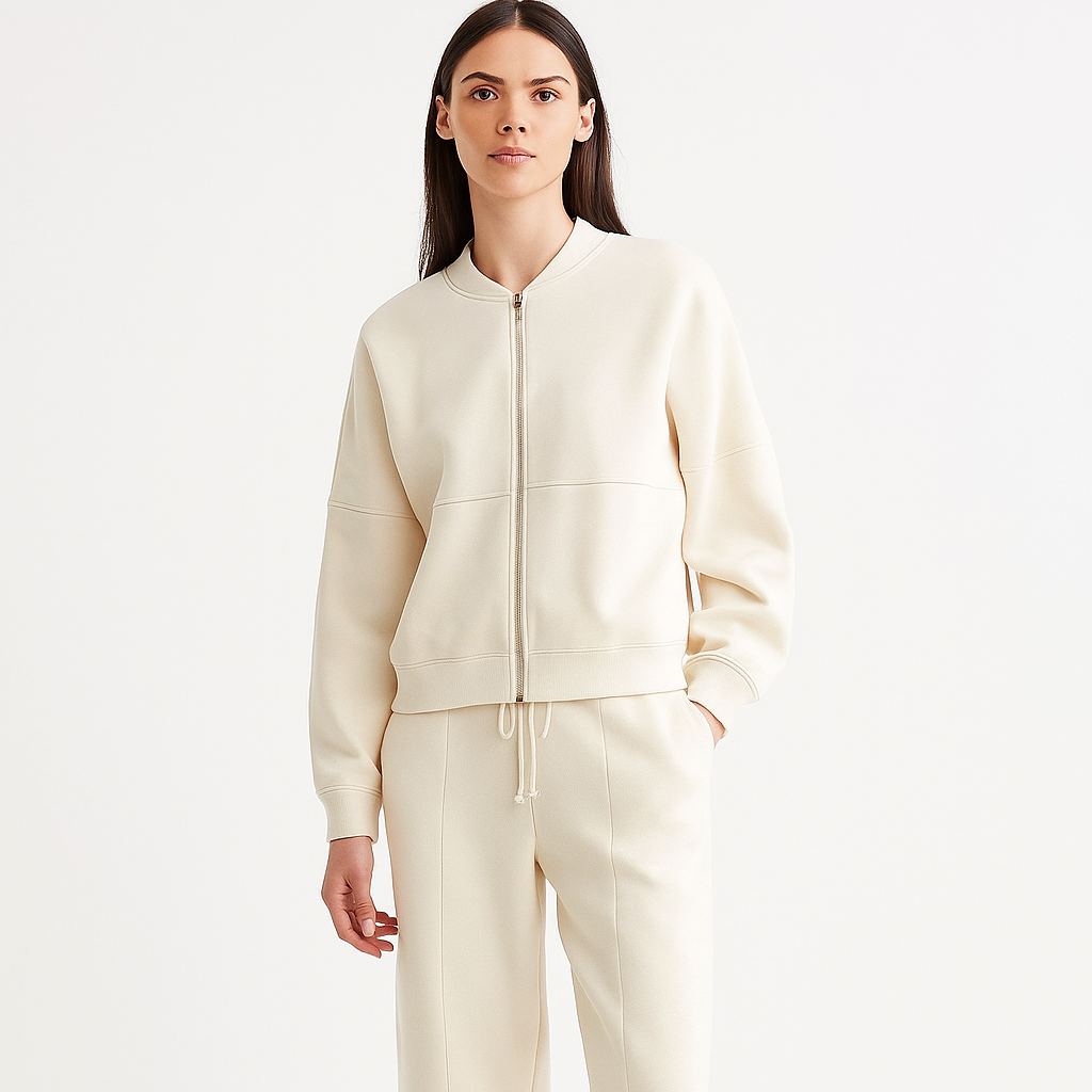 Women's Two-Piece Set with Zip Top and High-Waisted Wide-Leg Pants