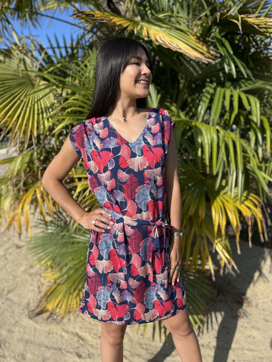 Vestido Mini de Verano para Mujer Sin Mangas con Estampado de Hojas Rojas